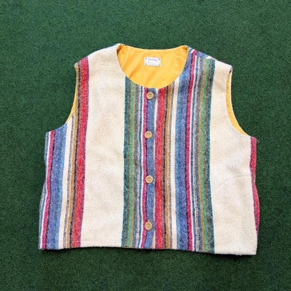Vintage 90s striped wool vest multicolor wool button front vtg handmade vest
